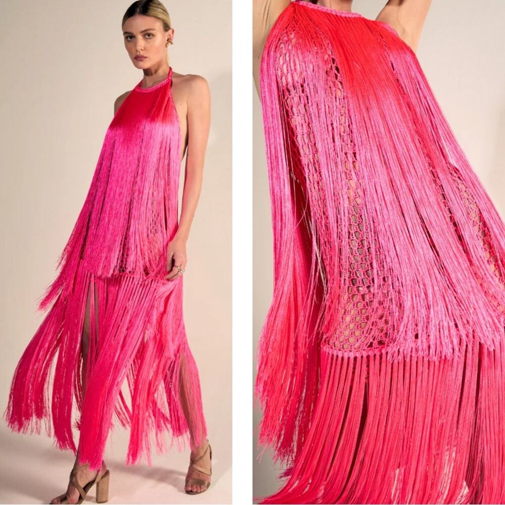 ANDREA ALMEIDA Bel Crochet Fringe Tiered Pink Maxi Dress Size XS/S - Picture 5 of 15